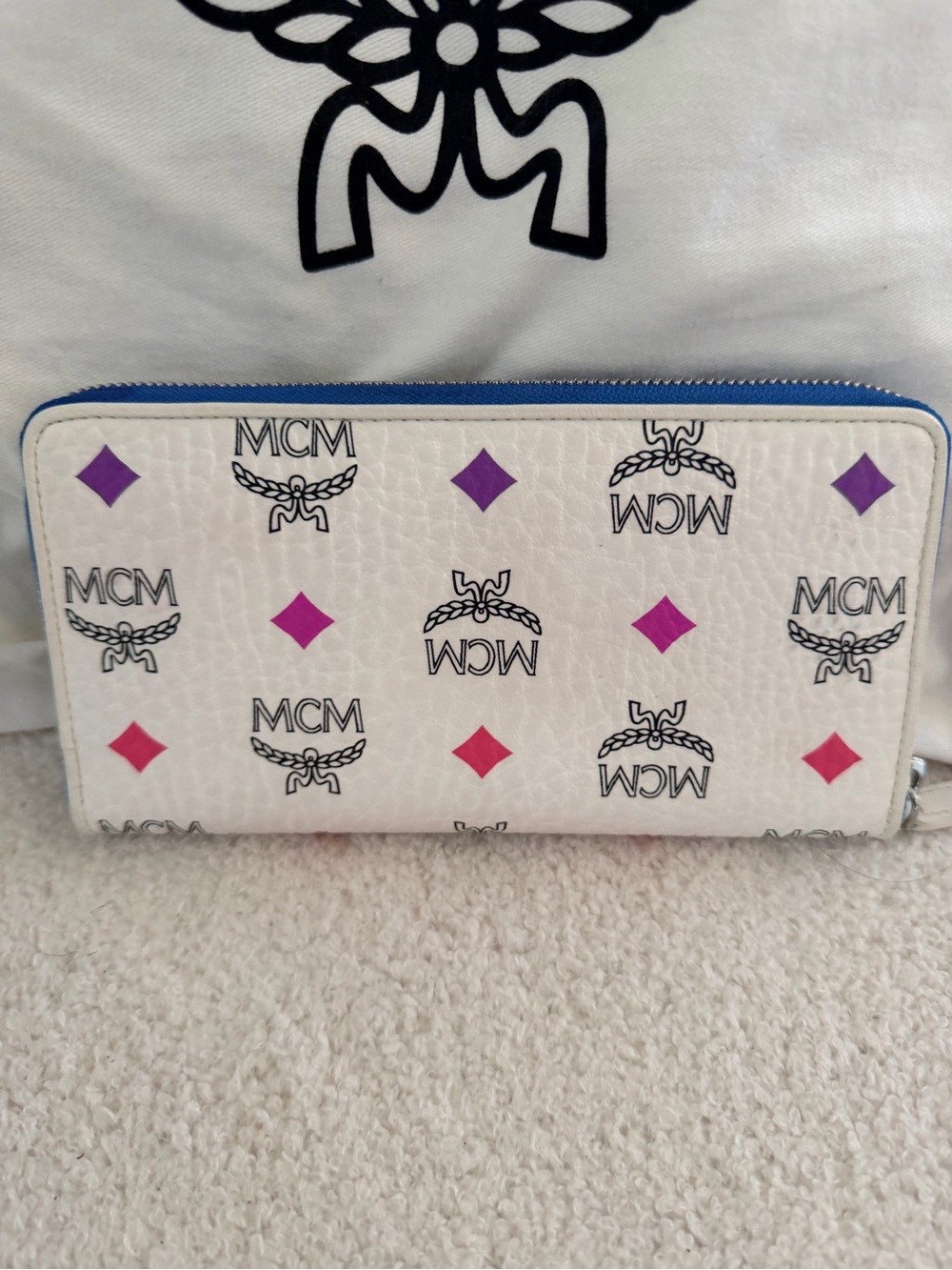 MCM White Zip-Around Wallet with Pink & Purple Diamond Motifs